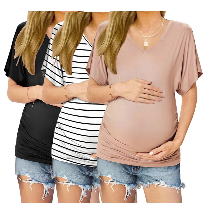 Weardear 3 Pack Maternity Shirts Dolman Sleeve Side Ruched Pregnancy Tee Tops V Neck Postpartum Tunic Blouse