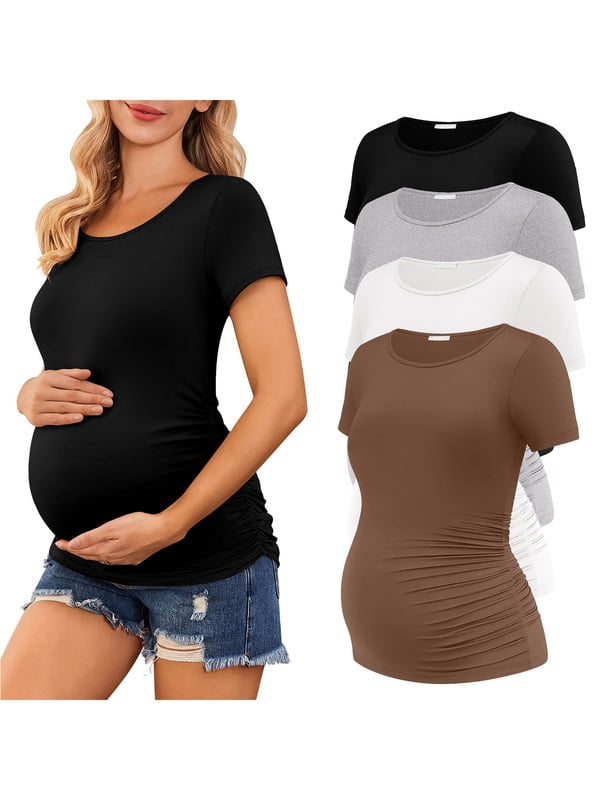 Weardear 4 Packs Maternity Tops Side Ruched Short Sleeve Pregnancy Tunic T Shirts Crew Neck Casual Maternity Clothes