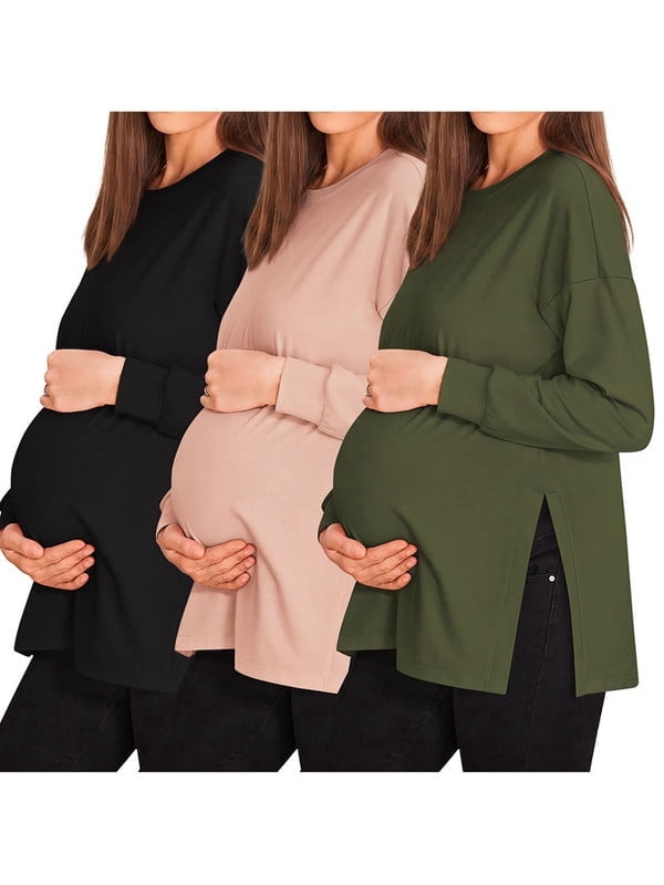 Weardear 3 Pack Maternity Shirts Womens Long Sleeve Split Side Tunic Tops Drop Shoulder T Shirt Casual Pregnancy Clothes