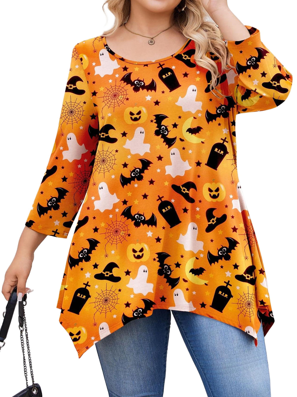 Weardear Plus Size Tops for Women 3/4 Sleeve Round Neck Tunic Top Loose Fit Flowy Blouse