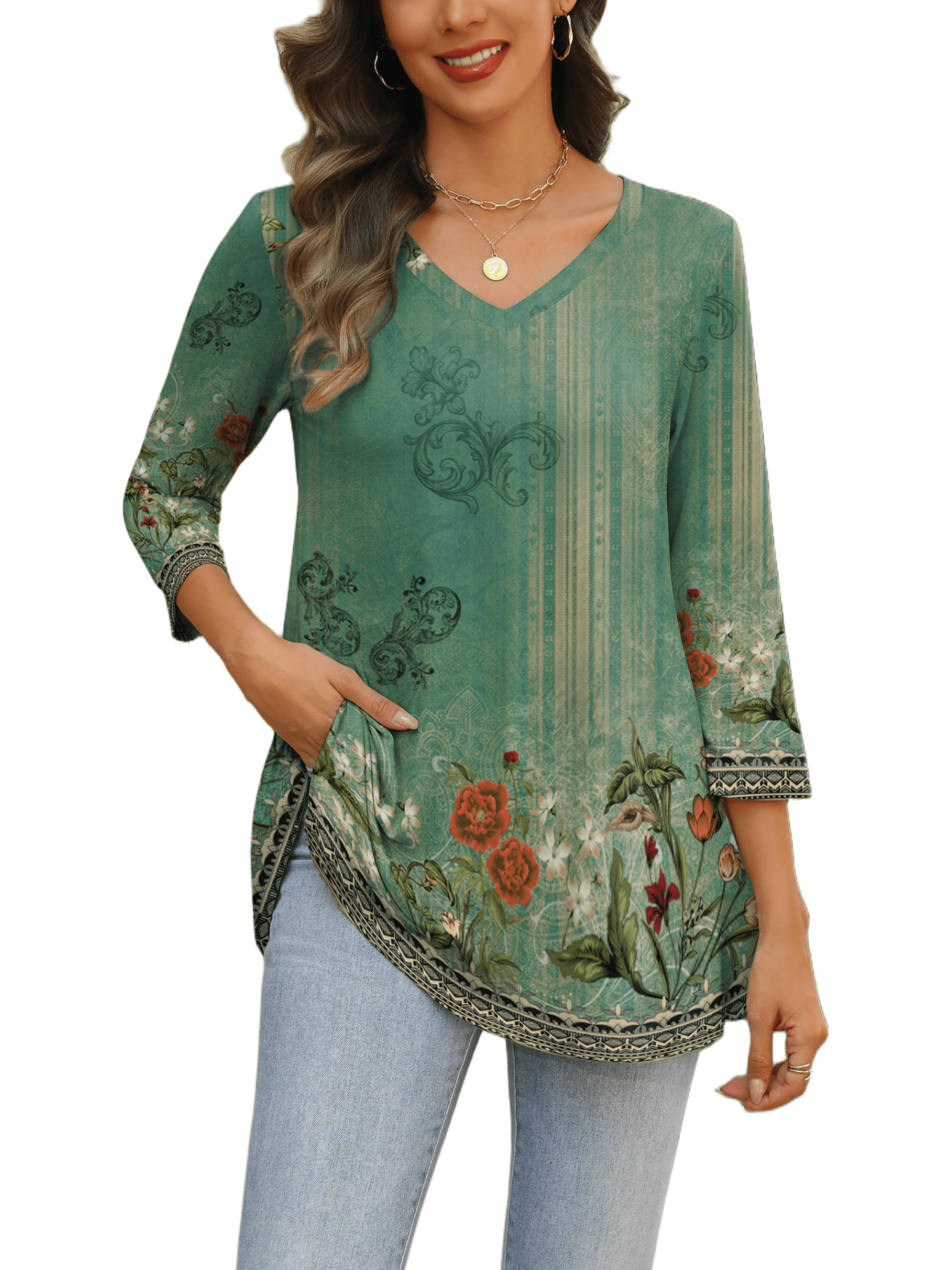 Weardear Womens V Neck 3/4 Sleeve Dressy Blouses Casual Loose Fit Tunic Tops Boho Business Blouses