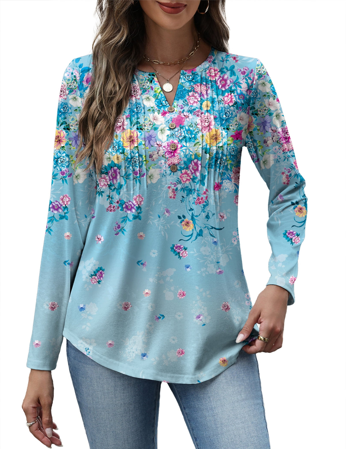Weardear Women V Neck Long Sleeve Shirt Button Casual Blouses Tunic Henley T Shirts