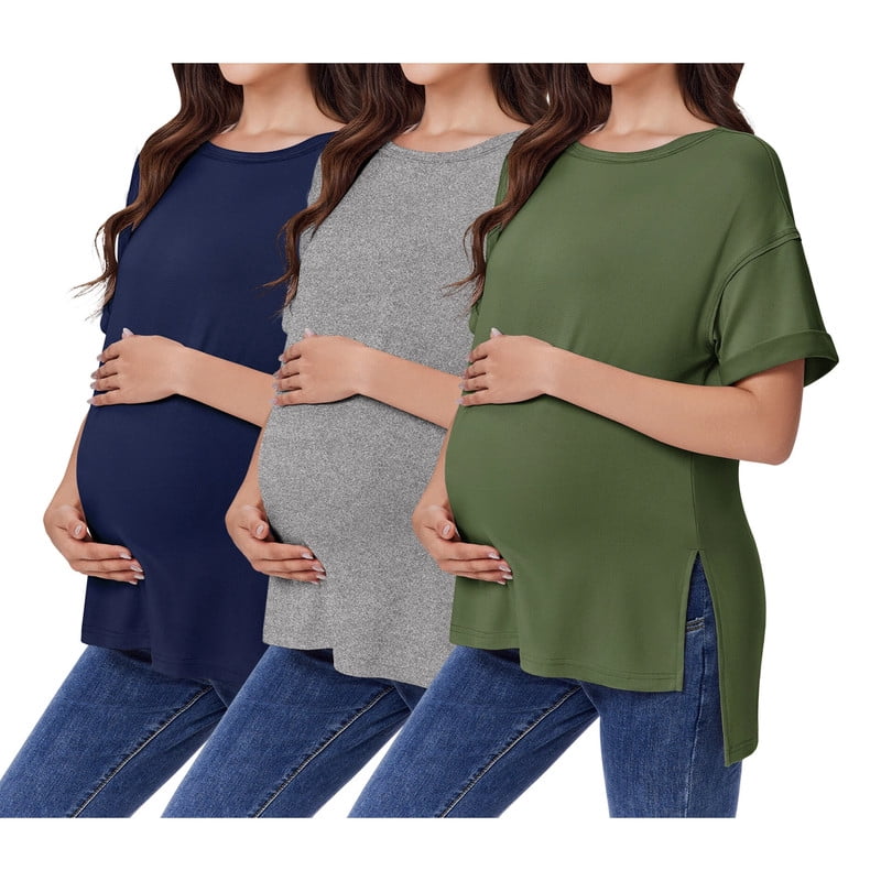 Weardear 3 Pack Maternity Shirts Split Side Oversized Pregnancy Tops Crew Neck Short Sleeve Postpartum Clothes