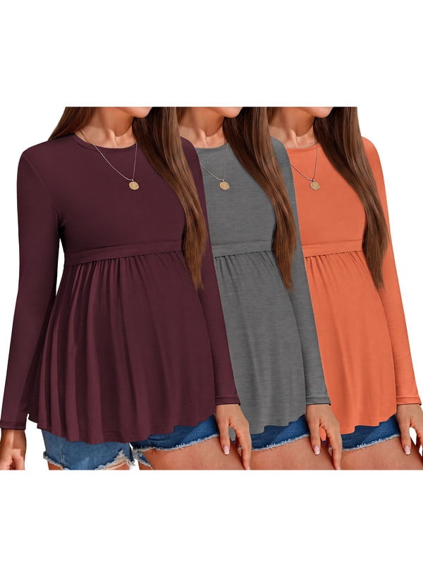 Weardear 3 Pack Womens Maternity Tops Pleated Long Sleeve Pregnancy Shirts Regular Fit Tunic Casual Maternity Clothes