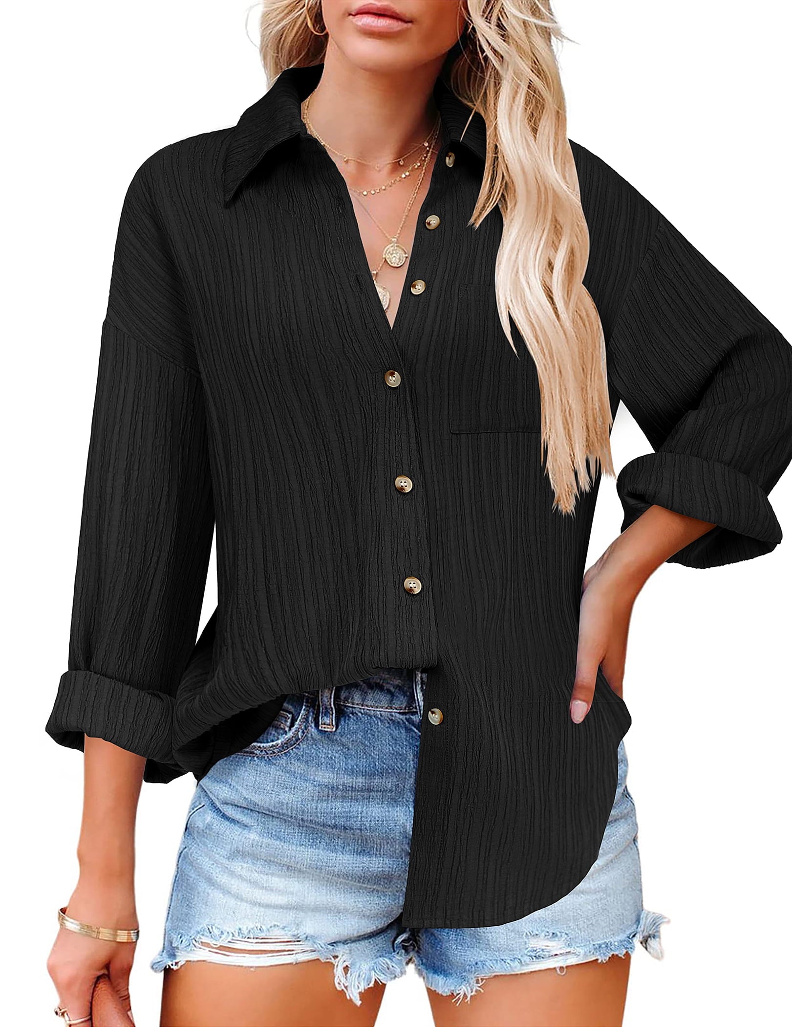 Weardear Womens Button Down Shirts Casual Long Sleeve Dress Shirt Textured Collared Work Blouse Top with Pocket
