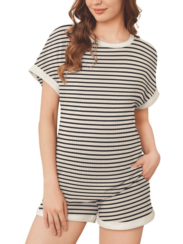 Weardear Maternity Outfits Set 2 Piece Matching Sets Waffle Knit Raglan Short Sleeve Tops and Shorts with Pockets Casual Pregnancy Loungewear