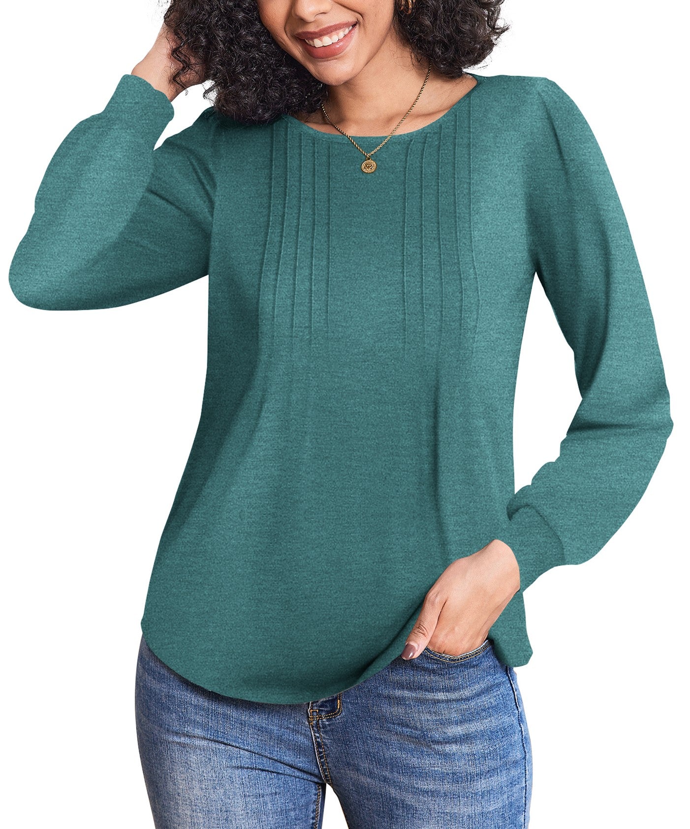 Weardear Women's Fall Blouses Puff Long Sleeve Pleated Crew Neck Tunic Tops Dressy Casual Loose Work T-Shirts