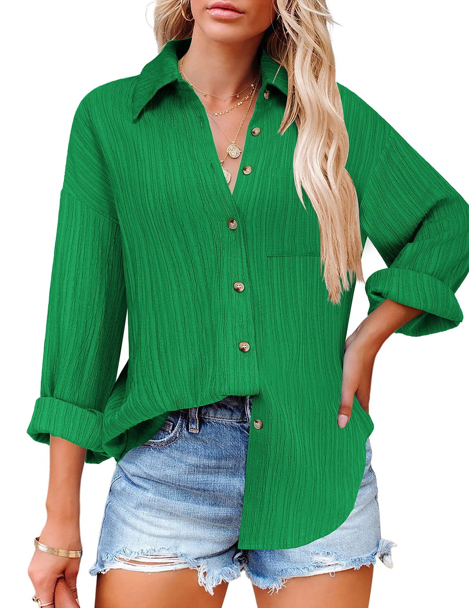 Weardear Womens Button Down Shirts Casual Long Sleeve Dress Shirt Textured Collared Work Blouse Top with Pocket