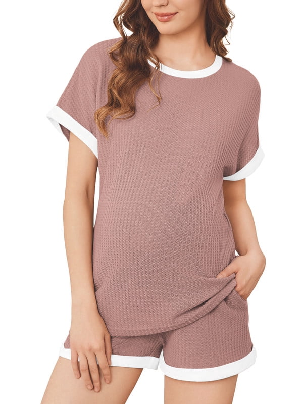 Weardear Maternity Outfits Set 2 Piece Matching Sets Waffle Knit Raglan Short Sleeve Tops and Shorts with Pockets Casual Pregnancy Loungewear