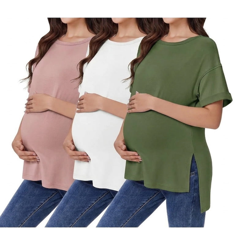 Weardear 3 Pack Maternity Shirts Split Side Oversized Pregnancy Tops Crew Neck Short Sleeve Postpartum Clothes