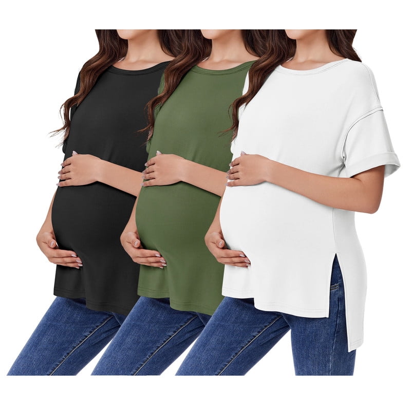 Weardear 3 Pack Maternity Shirts Split Side Oversized Pregnancy Tops Crew Neck Short Sleeve Postpartum Clothes