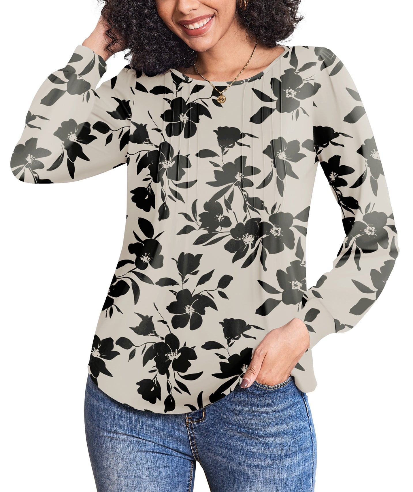 Weardear Women's Fall Blouses Puff Long Sleeve Pleated Crew Neck Tunic Tops Dressy Casual Loose Work T-Shirts