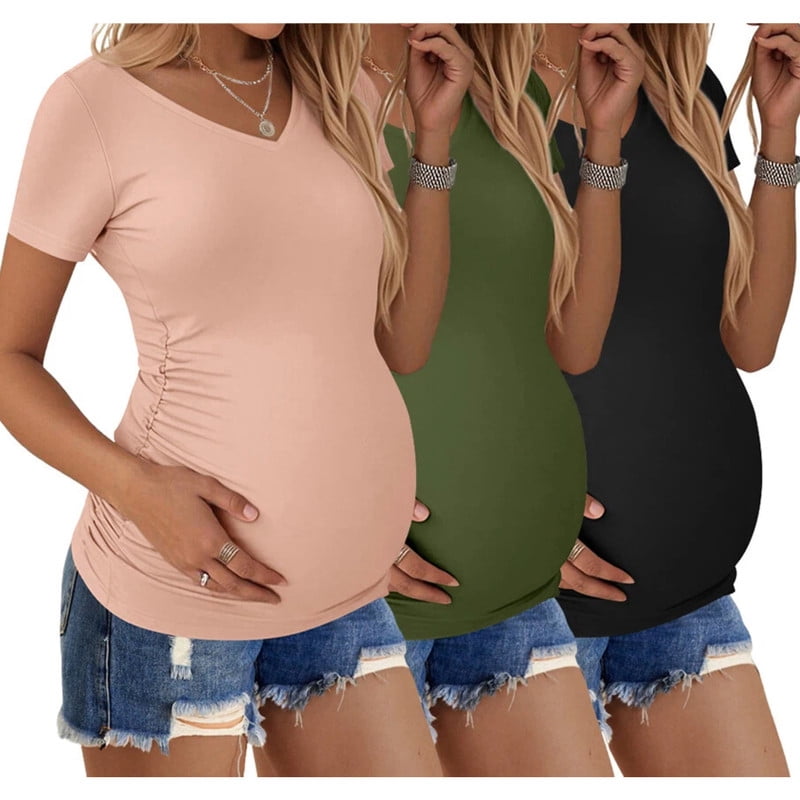 Weardear 3 Pack Maternity Shirts Side Ruched Pregnancy Tee Tops V Neck Short Sleeve Postpartum Clothes