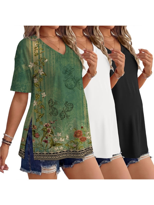 Weardear 3 Pack Womens Maternity Shirts V Neck Cuff Fold Pregnancy Tunic Tops Split Side Short Sleeve Pregnant Clothes