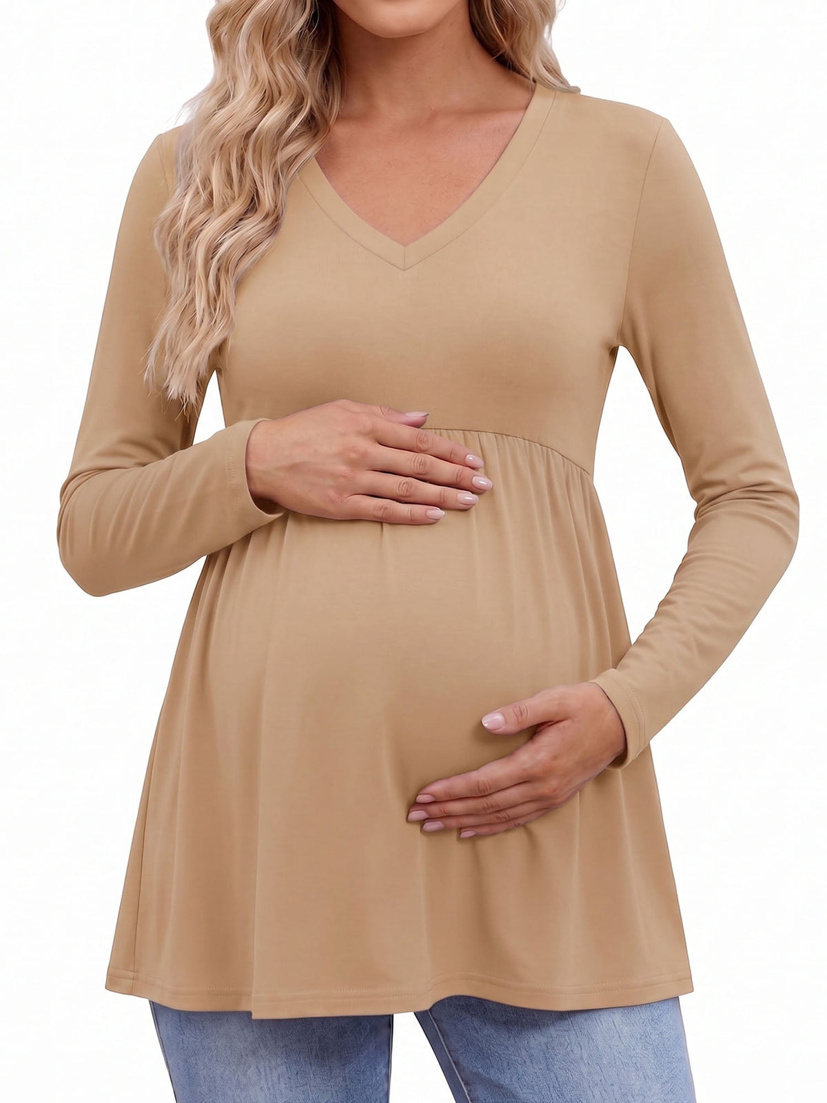 Weardear Maternity Tops Long Sleeve Pleated Waist Pregnancy Shirts V Neck Casual Pregnant Clothes Tunic Blouse for Women