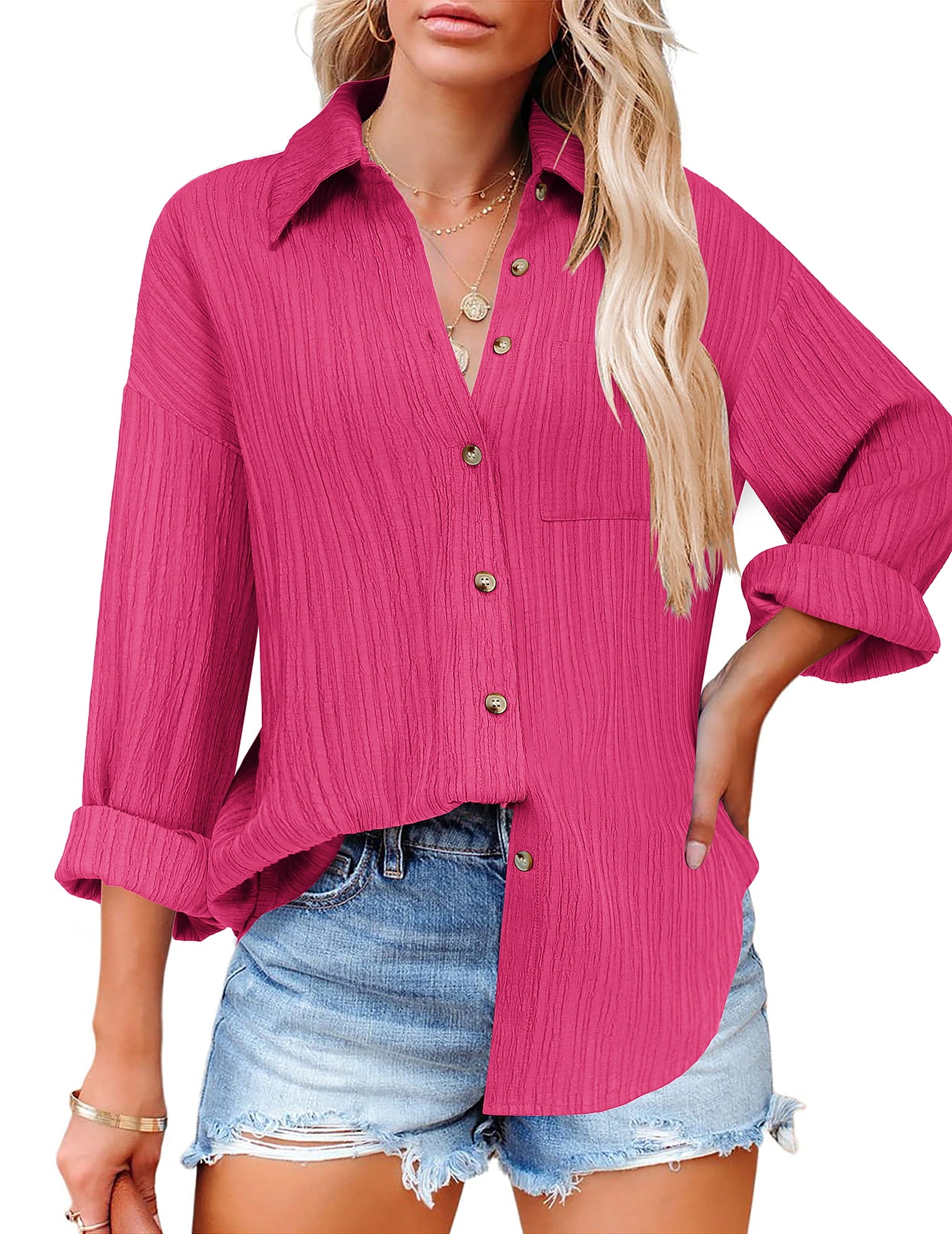Weardear Womens Button Down Shirts Casual Long Sleeve Dress Shirt Textured Collared Work Blouse Top with Pocket