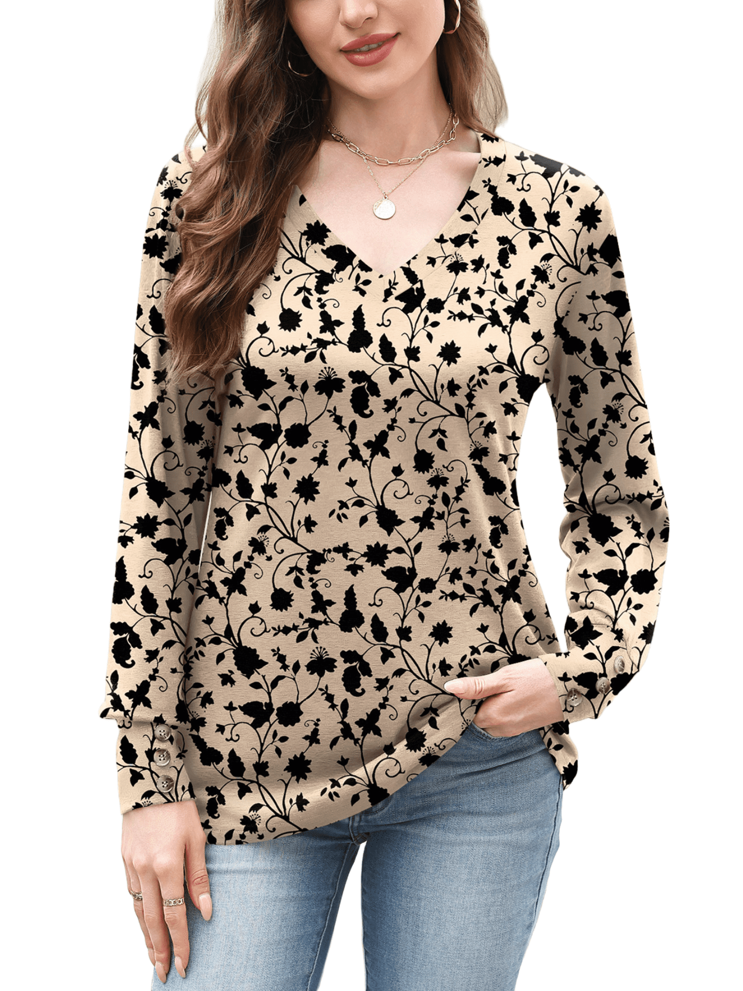 Weardear Women Casual Dressy Tops V Neck Long Sleeve Blouse Loose Fit Trendy Tunic Clothes