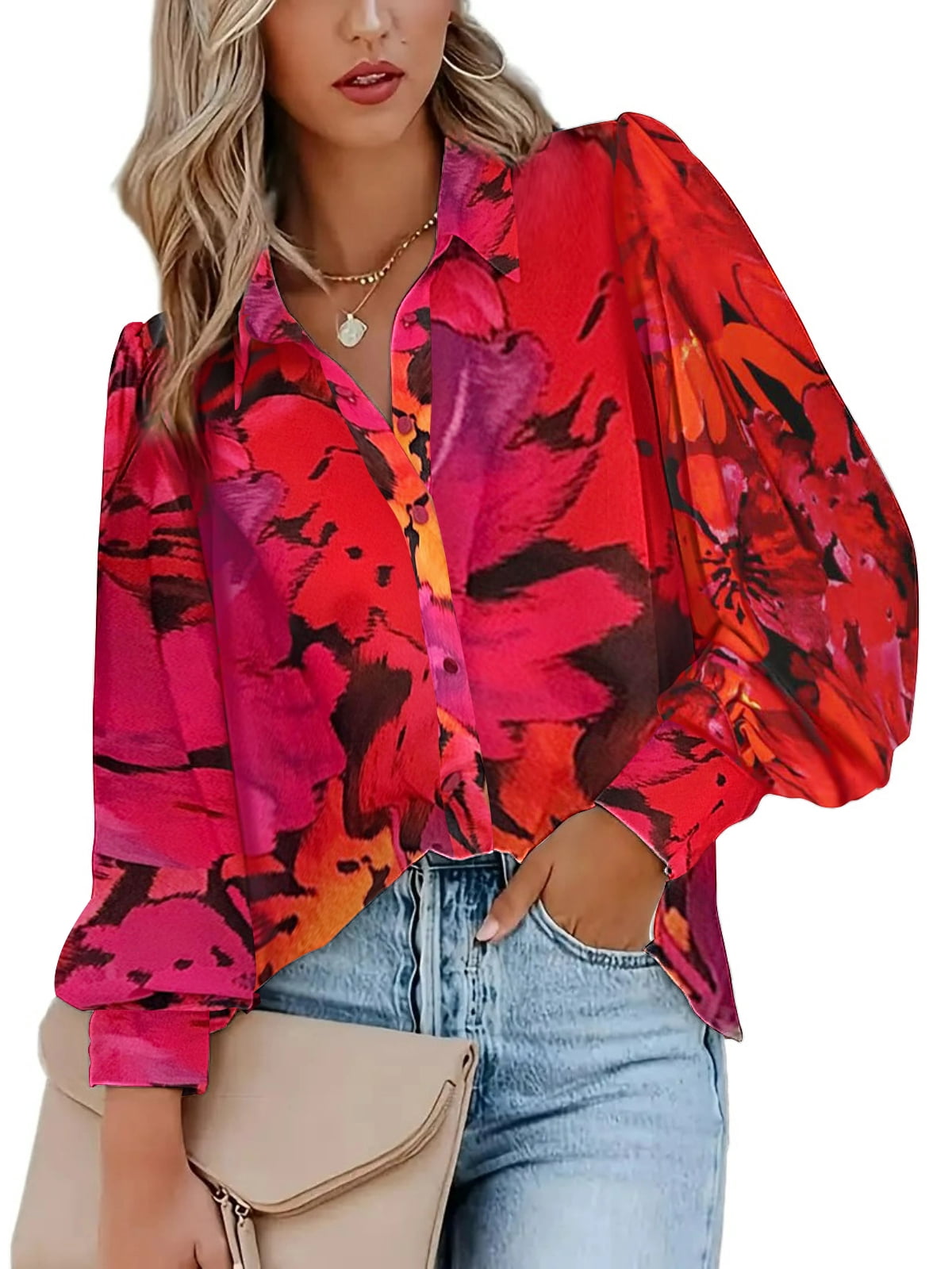 Weardear Womens Shirts Button Down Printed Lantern Long Sleeve Blouse Fashion Casual Tops 2025
