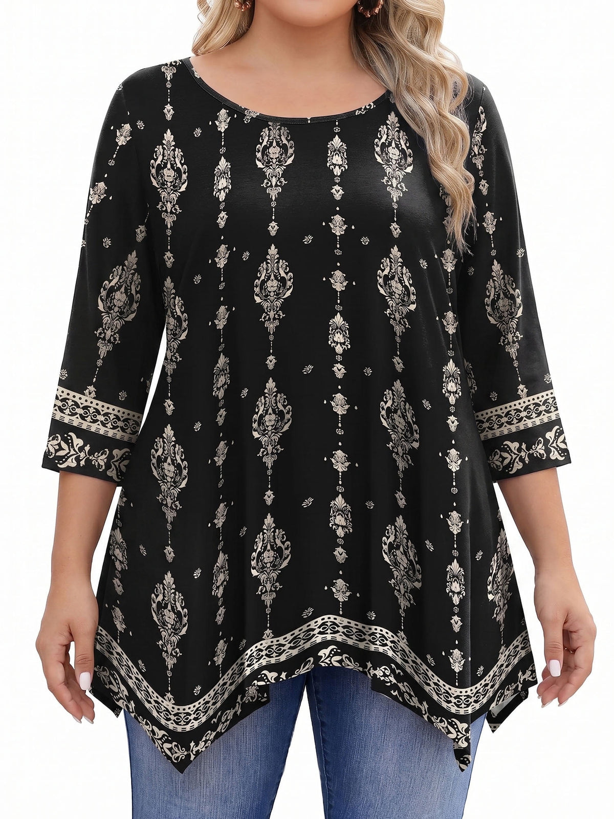 Weardear Plus Size Tops for Women 3/4 Sleeve Round Neck Tunic Top Loose Fit Flowy Blouse