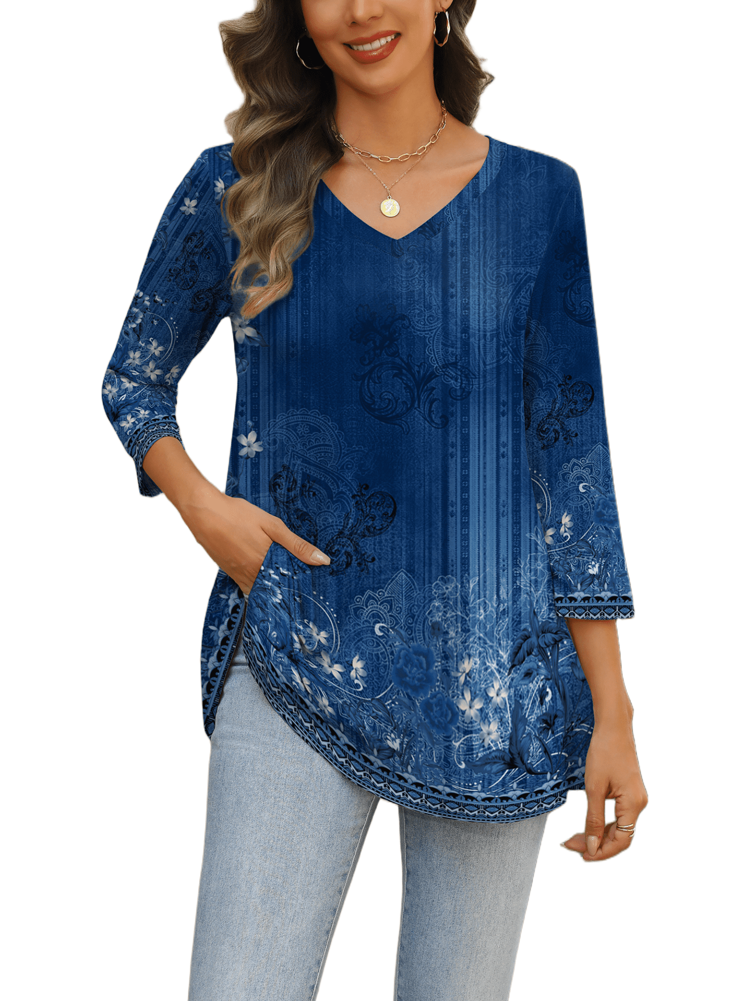 Weardear Womens V Neck 3/4 Sleeve Dressy Blouses Casual Loose Fit Tunic Tops Boho Business Blouses