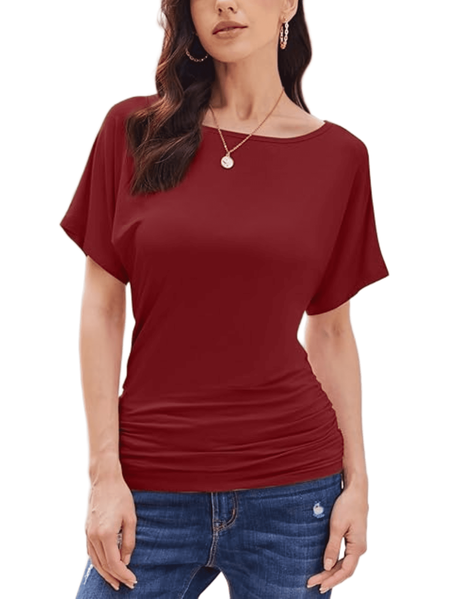 Weardear Womens Ruched Tops Dolman Short Sleeve Shirts Casual T Shirts Boat Neck Summer Off Shoulder Batwing Tops