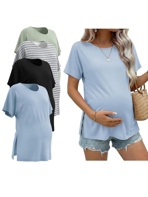 Weardear 4 Packs Maternity Shirts Crew Neck Batwing Short Sleeve Pregnancy Tunic Tops Split Side Summer T Shirt for Women