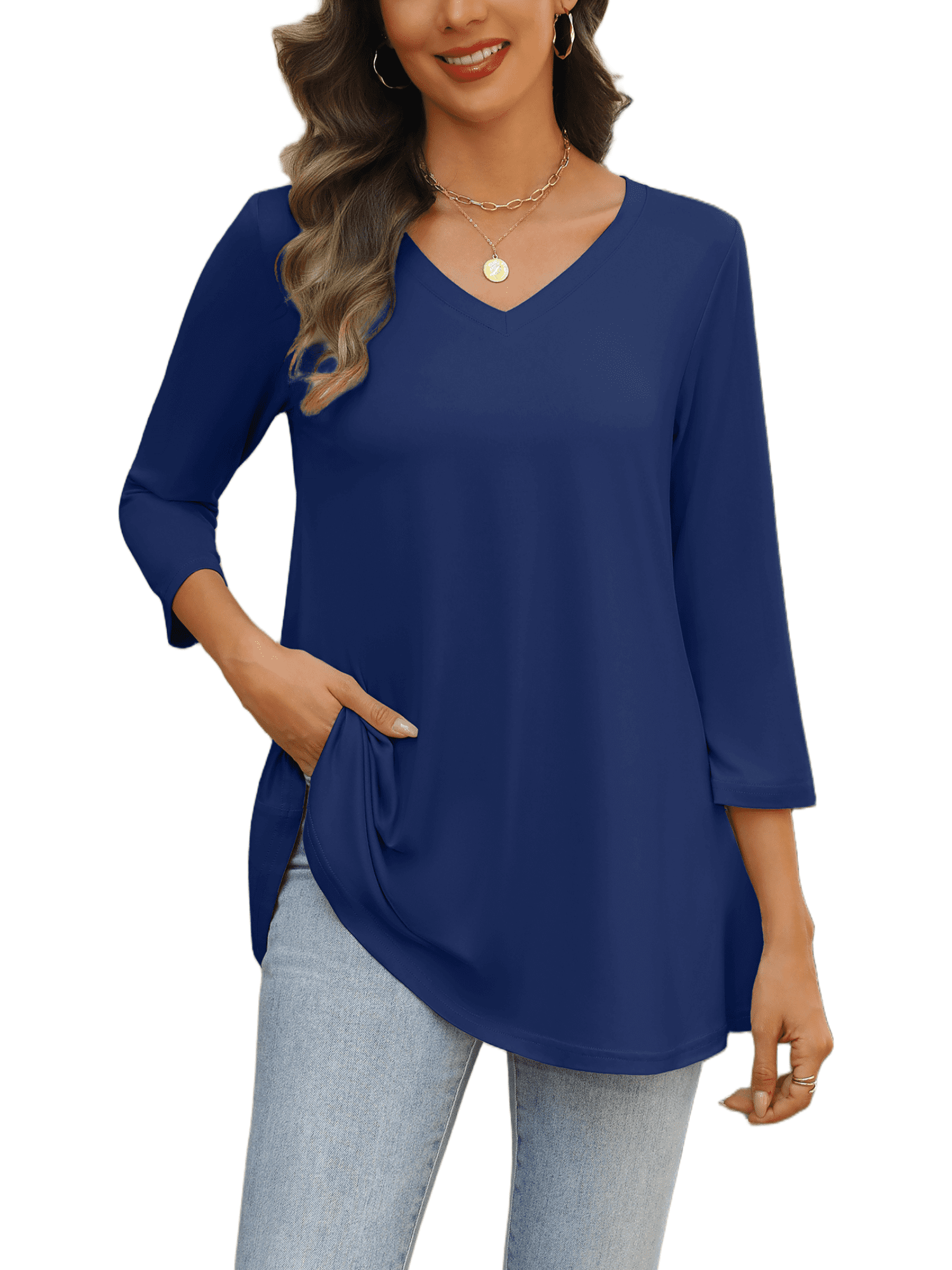 Weardear Womens V Neck 3/4 Sleeve Dressy Blouses Casual Loose Fit Tunic Tops Boho Business Blouses