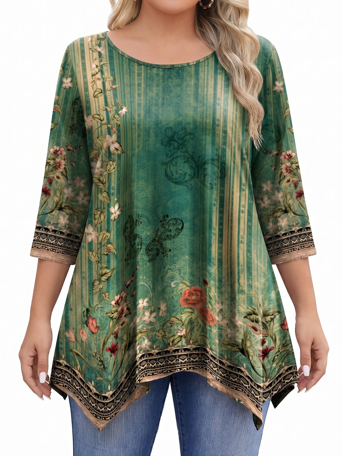 Weardear Plus Size Tops for Women 3/4 Sleeve Round Neck Tunic Top Loose Fit Flowy Blouse