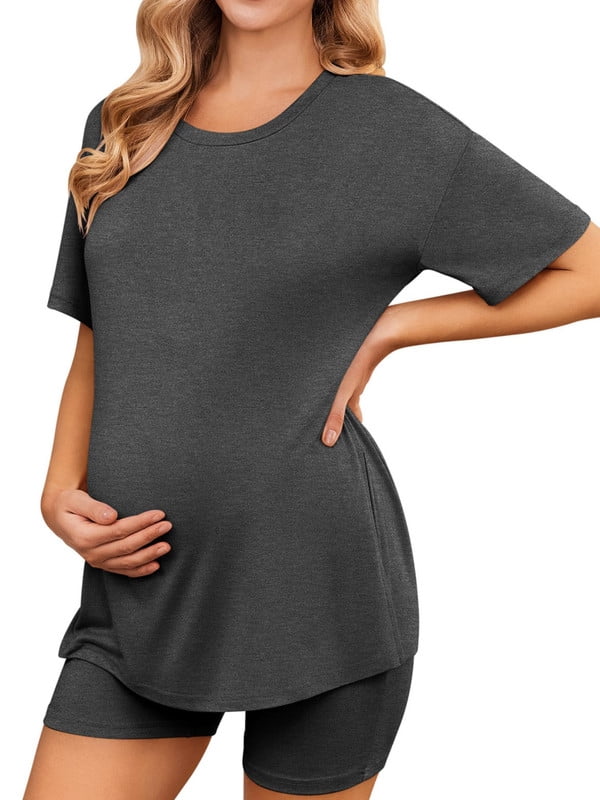 Weardear Maternity Sets 2 Piece Outfits Drop Shoulder Short Sleeve Split Side Shirts and Biker Shorts Summer Pregnancy Clothes