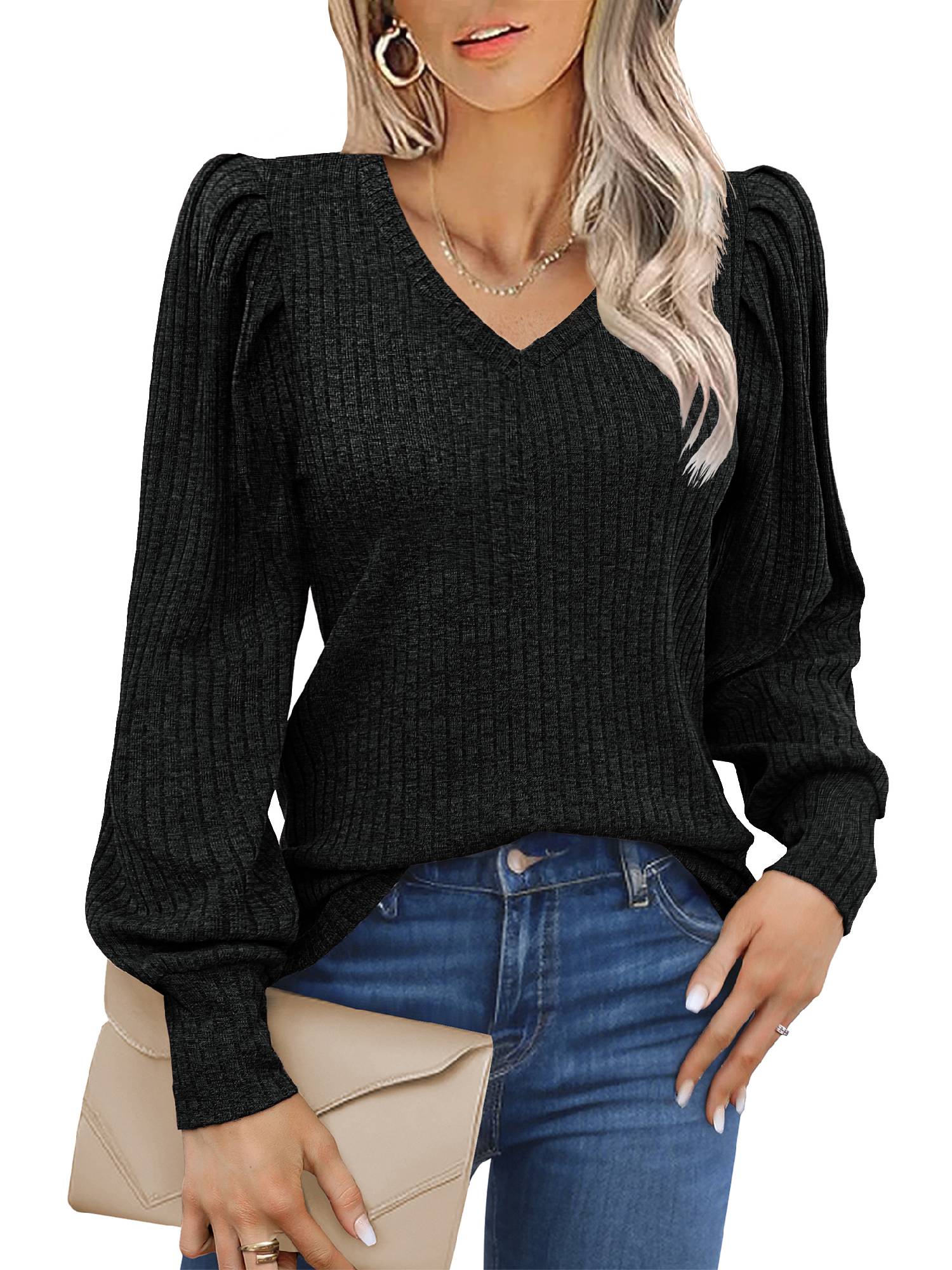 Weardear Puffy Sleeves Knit Tops for Women Long Sleeve Soft Sweater Pullover V Neck Lightweight Blouse