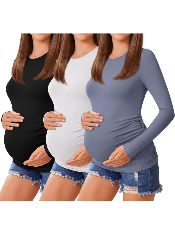 Weardear 3 Pack Maternity Shirts Womens Long Sleeve Side Ruched Tunic Tops High Elasticity Pregnancy Clothes Crew Neck Basic T Shirt