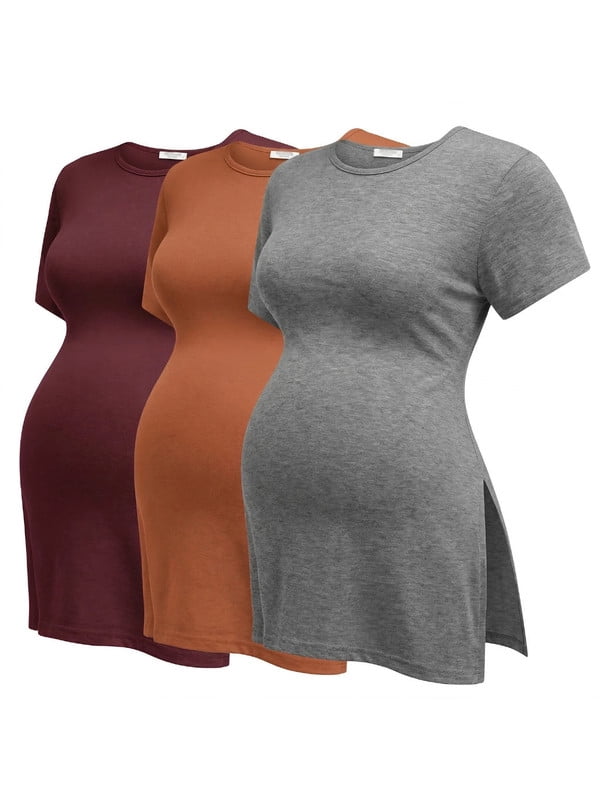 Weardear Maternity Shirts Side Split Tops Short Sleeve Crew Neck Tops(3 pack)