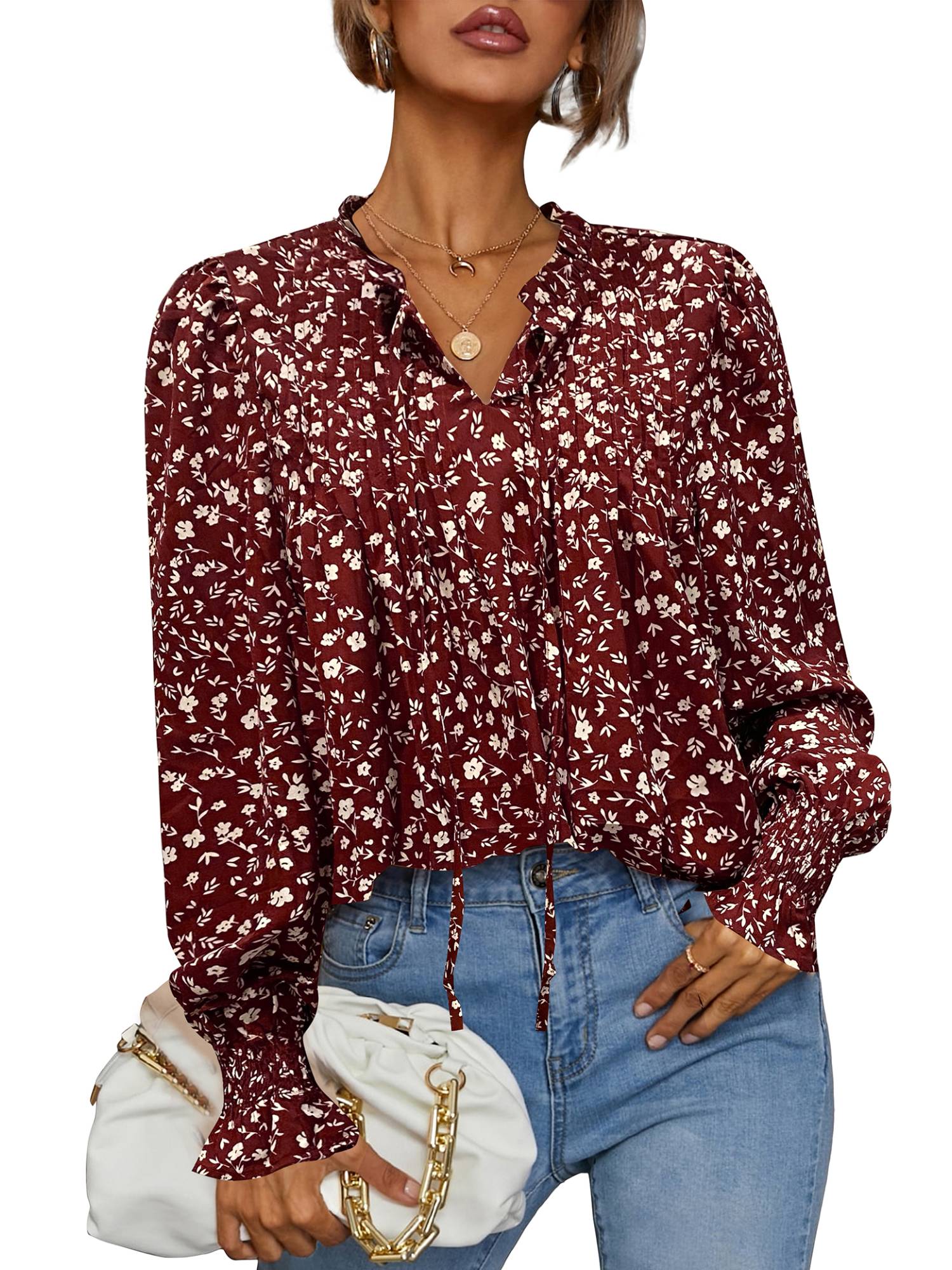 Weardear Flowy Long Sleeve Tops for Women Casual Boho Blouse Floral Printed V Neck Shirts