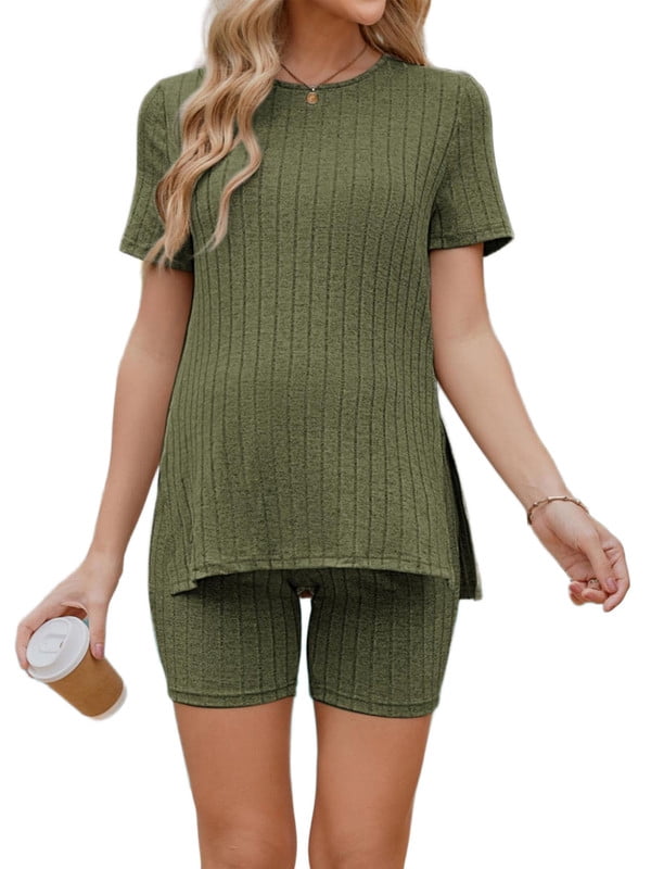 Weardear Maternity Outfits Set 2 Piece Matching Sets Ribbed Knit Side Split Short Sleeve Shirts and Biker Shorts Pregnancy Loungewear