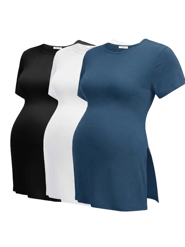 Weardear Maternity Shirts Side Split Tops Short Sleeve Crew Neck Tops(3 pack)