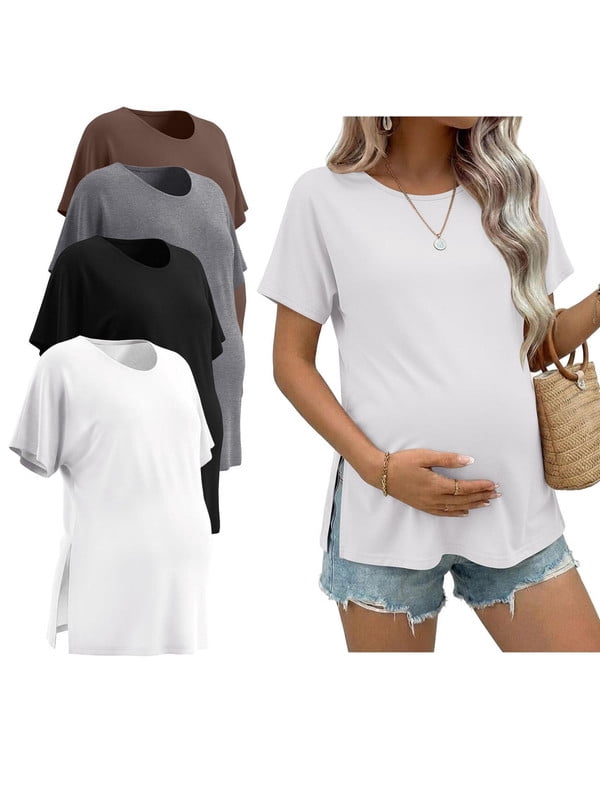 Weardear 4 Packs Maternity Shirts Crew Neck Batwing Short Sleeve Pregnancy Tunic Tops Split Side Summer T Shirt for Women