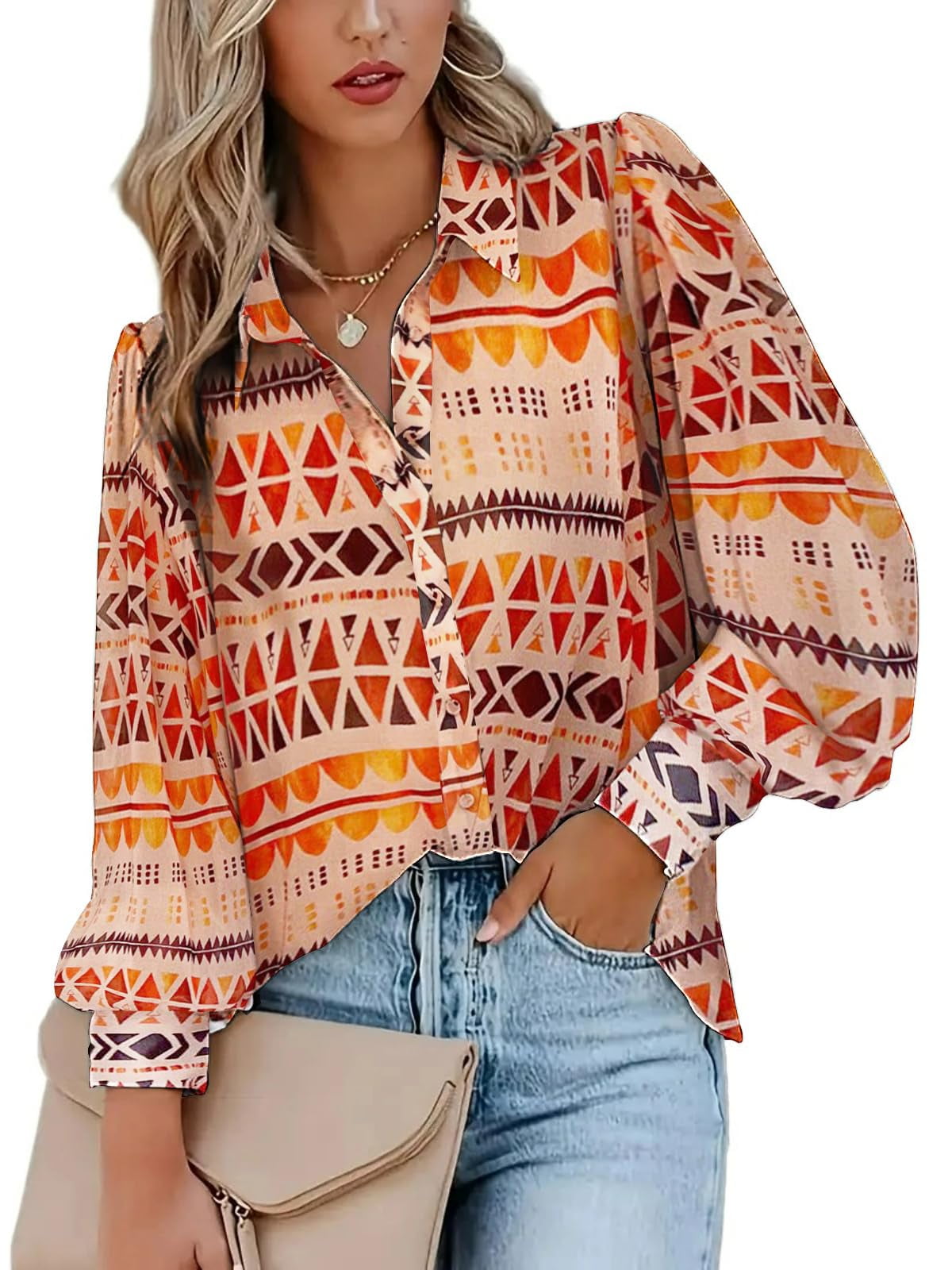 Weardear Womens Shirts Button Down Printed Lantern Long Sleeve Blouse Fashion Casual Tops 2025