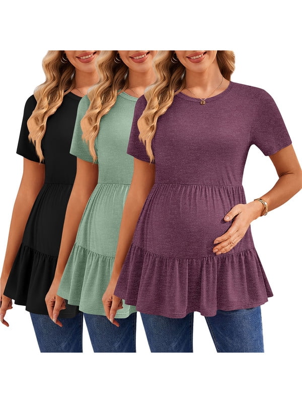Weardear 3 Pack Maternity Shirts Short Sleeve Peplum Pregnancy Tunic Top Double Pleated Casual Babydoll Blouse for Women