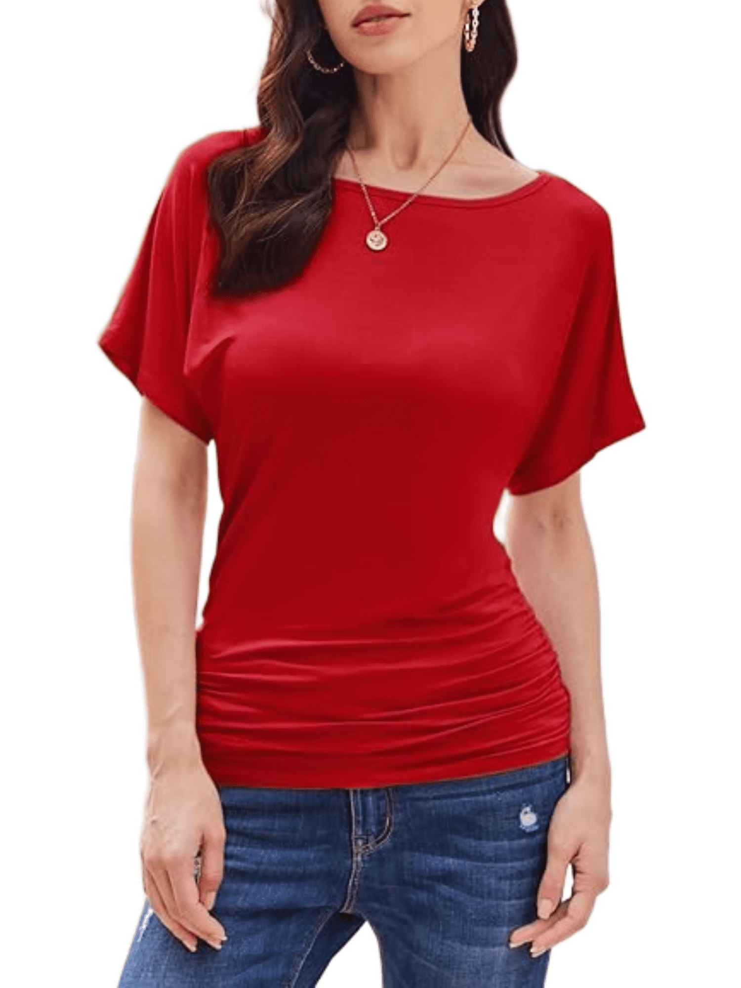 Weardear Womens Ruched Tops Dolman Short Sleeve Shirts Casual T Shirts Boat Neck Summer Off Shoulder Batwing Tops