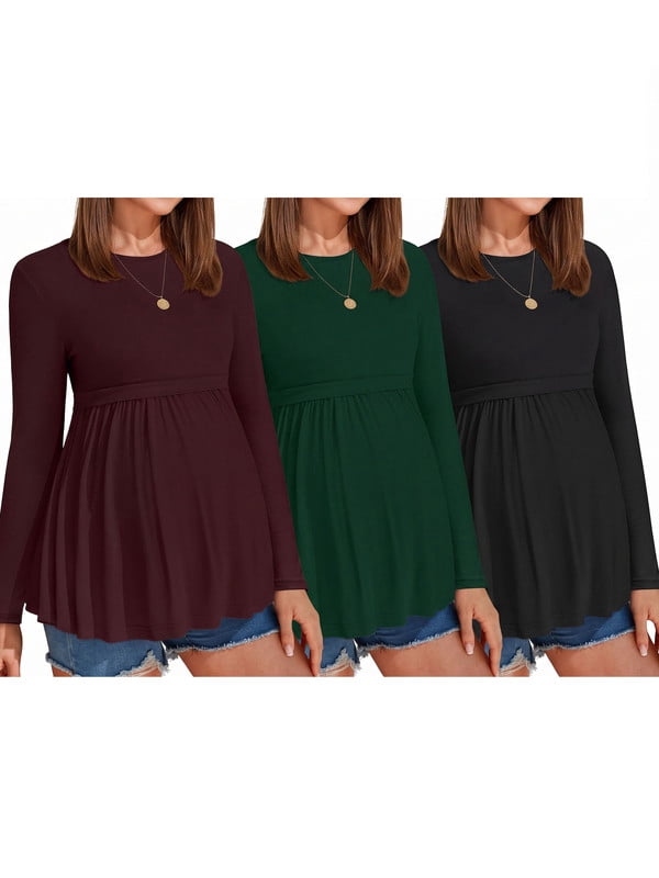 Weardear 3 Pack Womens Maternity Tops Pleated Long Sleeve Pregnancy Shirts Regular Fit Tunic Casual Maternity Clothes