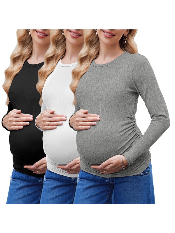Weardear 3 Pack Maternity Shirts Ruched Side Long Sleeve Pregnancy Basic T-Shirt Casual Round Neck Pregnant Tops