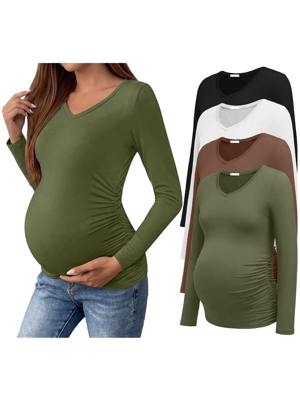 Weardear 4 Pack Maternity Shirt Long Sleeve Side Ruched Pregnancy Tunic Tops Casual V Neck T Shirts for Women