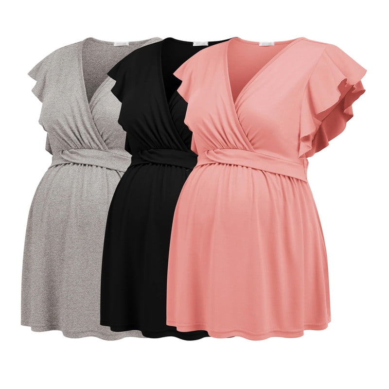 Weardear 3 Pack Maternity Tops Flying Shorts Sleeve Nursing Shirts V Neck Ruched Twisted Pregnancy Clothes
