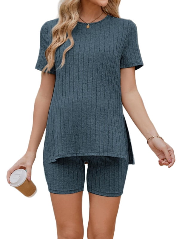Weardear Maternity Outfits Set 2 Piece Matching Sets Ribbed Knit Side Split Short Sleeve Shirts and Biker Shorts Pregnancy Loungewear