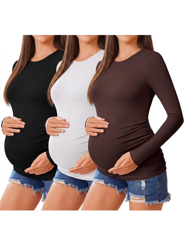 Weardear 3 Pack Maternity Shirts Womens Long Sleeve Side Ruched Tunic Tops High Elasticity Pregnancy Clothes Crew Neck Basic T Shirt