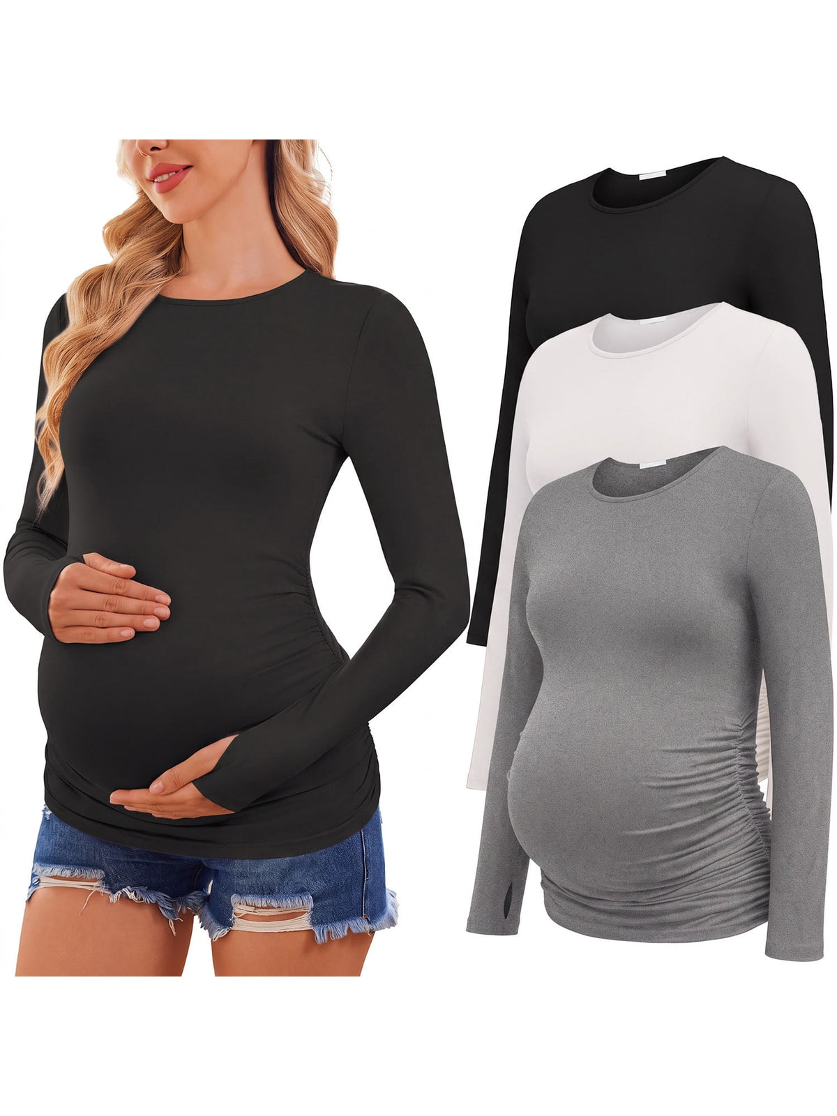 Weardear 3 Pack Maternity Shirts Long Sleeve Side Ruched Pregnancy Workout Tops with Thumb Hole Casual Crew Neck Tshirts for Women
