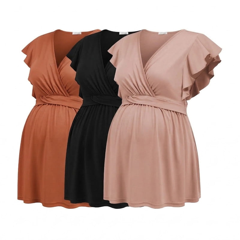 Weardear 3 Pack Maternity Tops Flying Shorts Sleeve Nursing Shirts V Neck Ruched Twisted Pregnancy Clothes