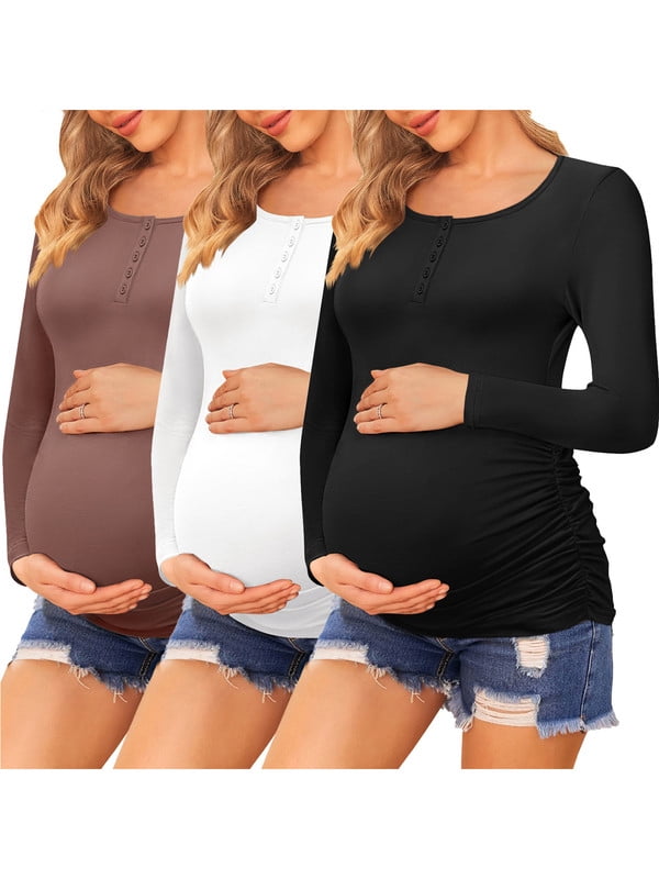 Weardear 3 Packs Women's Maternity Shirts Button Up Henley Neck Pregnancy Tops Long Sleeve Side Ruched Pregnant T Shirt for Postpartum