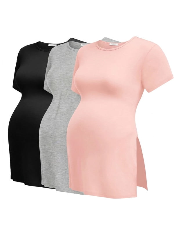 Weardear Maternity Shirts Side Split Tops Short Sleeve Crew Neck Tops(3 pack)