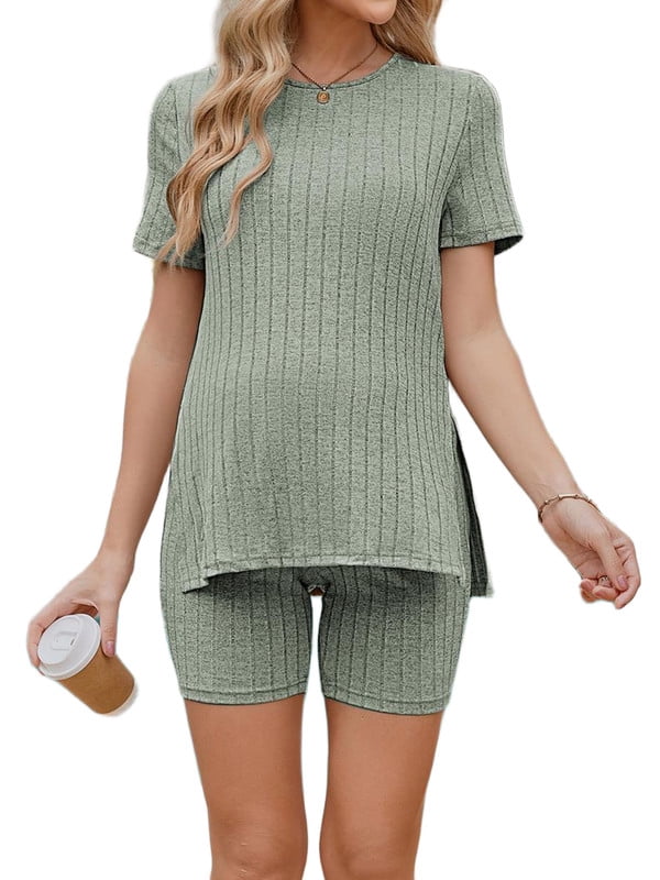 Weardear Maternity Outfits Set 2 Piece Matching Sets Ribbed Knit Side Split Short Sleeve Shirts and Biker Shorts Pregnancy Loungewear